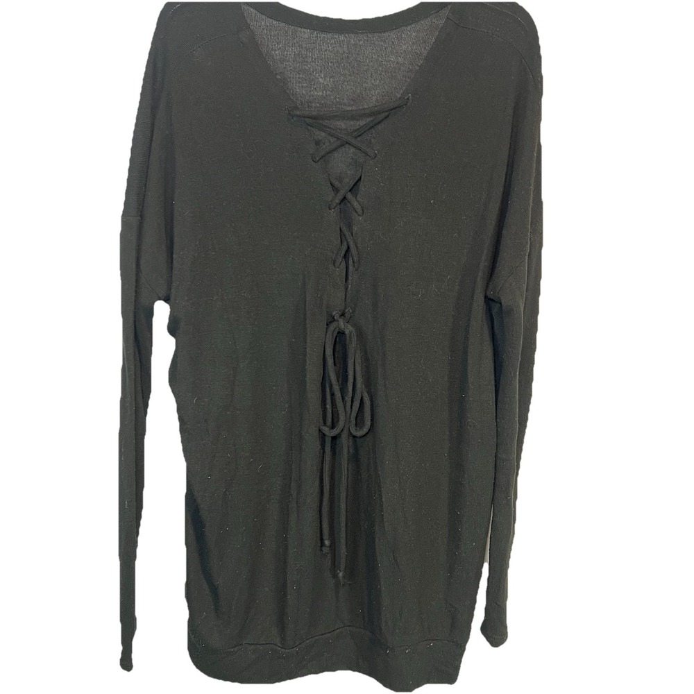 Chaser Womens Lace Up Front Long Sleeve Ribbed Top Small Black